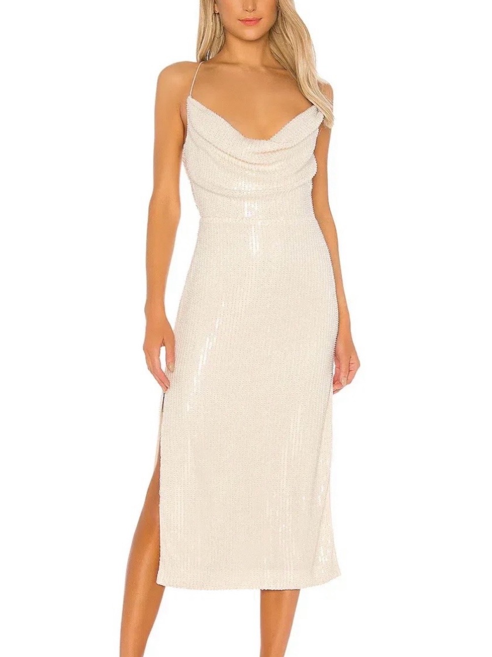 Mishka Cream Sequin Cowl Neck Midi Dress